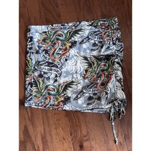 Ed Hardy Gray Multicolor Tattoo-Print Mini Skirt with Side Drawstring